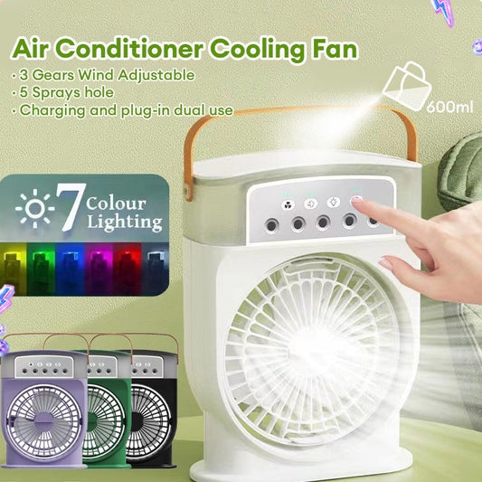 Portable USB Air Conditioner Fan – 2-in-1 Personal Cooler &amp; Humidifier with LED Lights